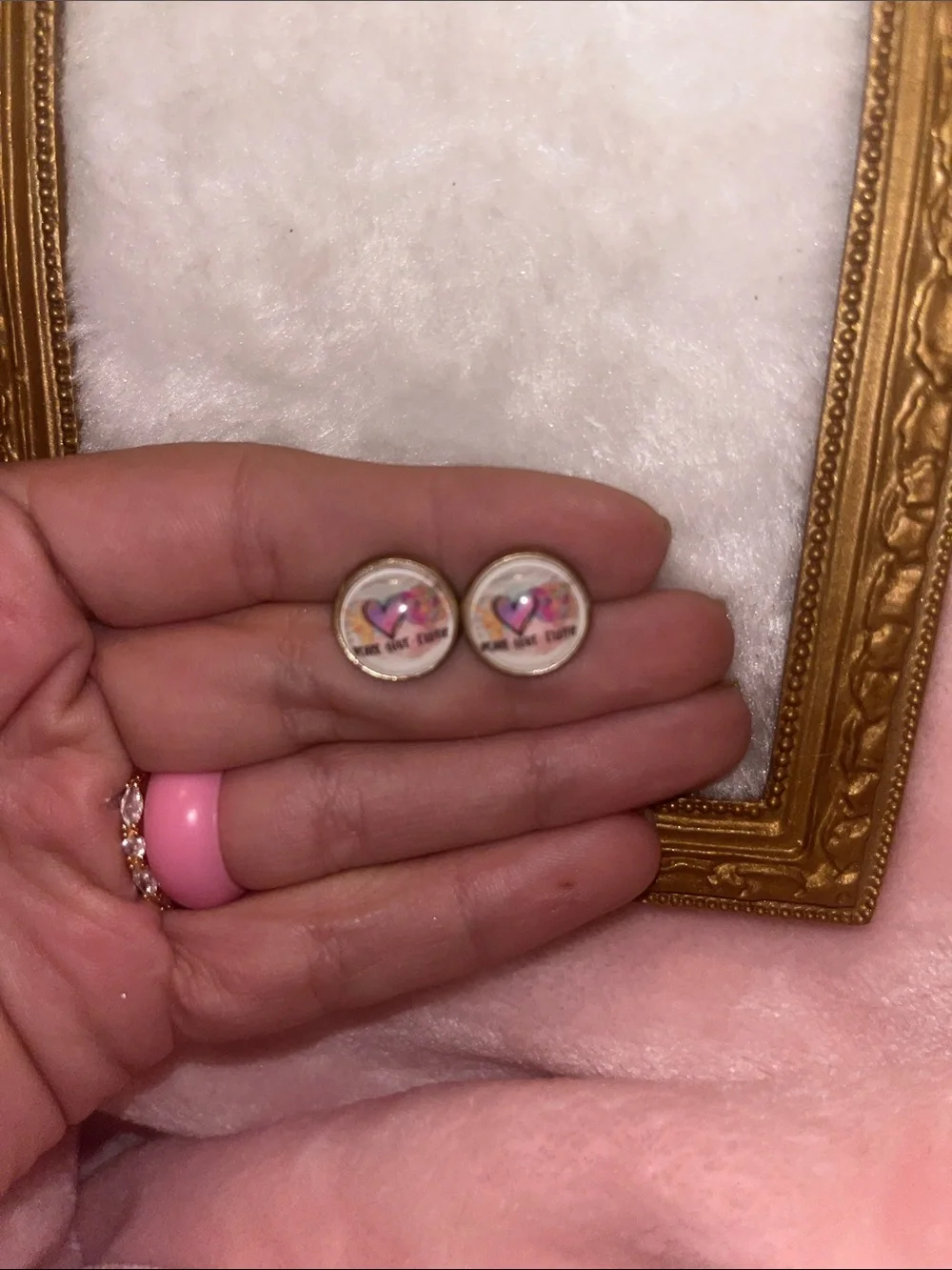 Peace. Love. Exotic Glass Heart Stud Earrings - Pink Accent